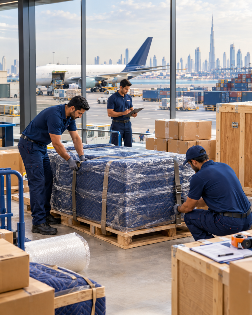 International movers preparing protected furniture and shipping cartons for overseas relocation from Dubai